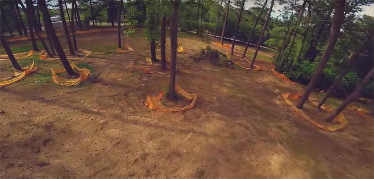 FPV race drone raast door het bos